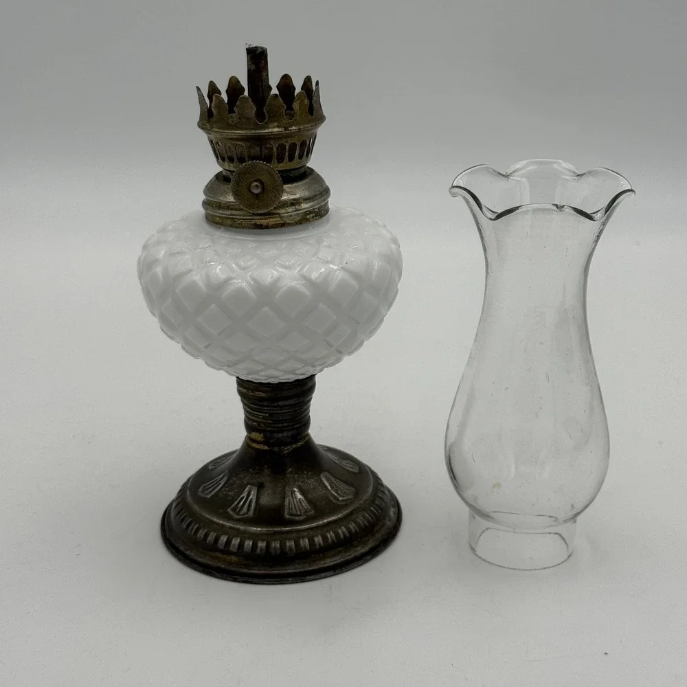 Vintage Miniature Milk Glass Oil Lamp White Hobnail Diamond Pattern Brass Base